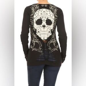 Platinum Plush Candy Skull Rhinestone LS Top